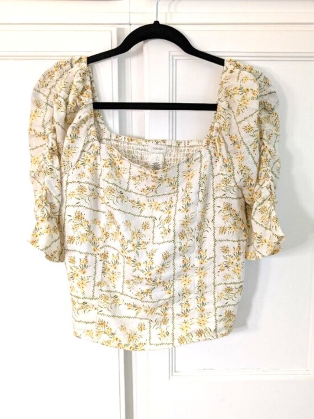 Joie 100% Linen Floral Ruched-Sleeve‎ Square Neck Smocked Back Top Size L